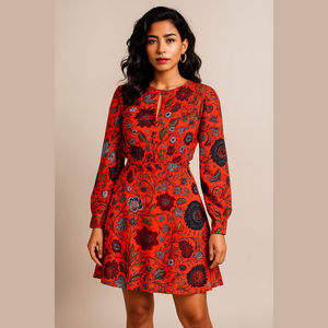 LOFT Vibrant Red Floral Long Sleeve Dress
